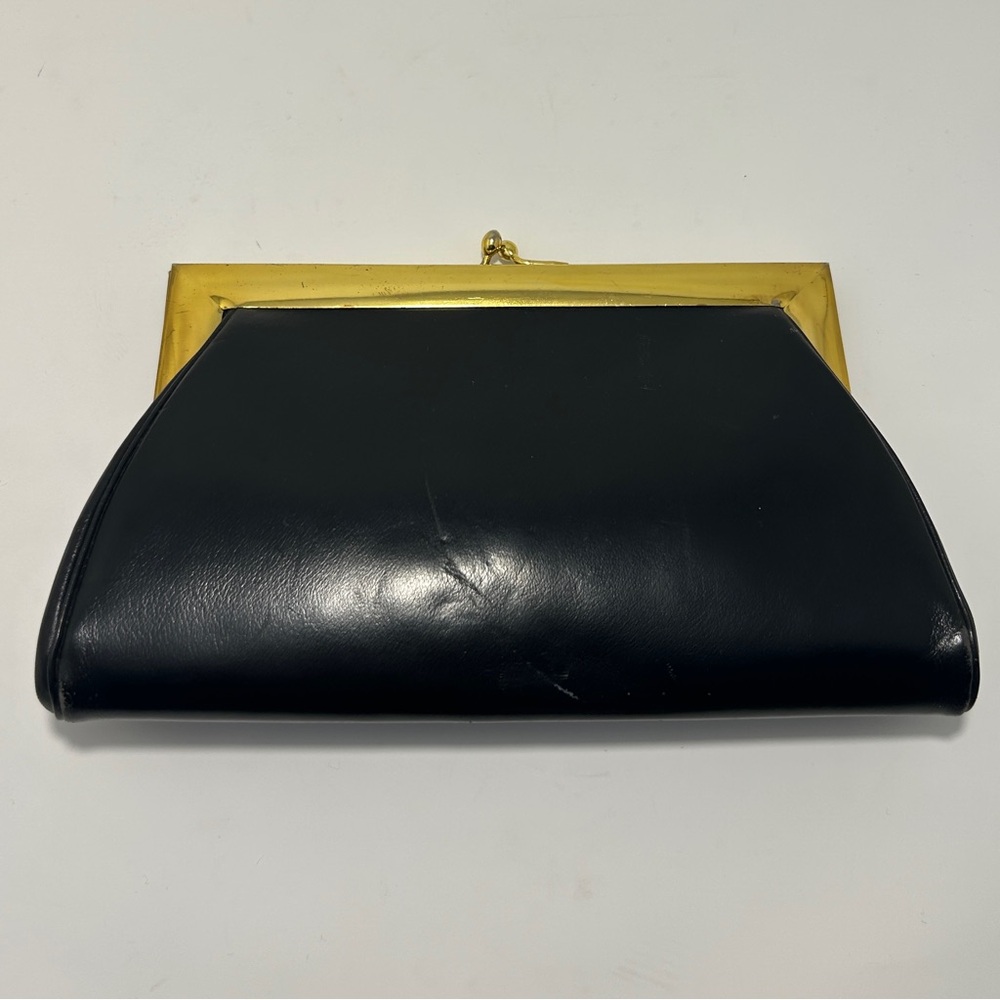 Vintage Black Leather Kadin Kiss Lock Clutch with Gold Frame Handbag